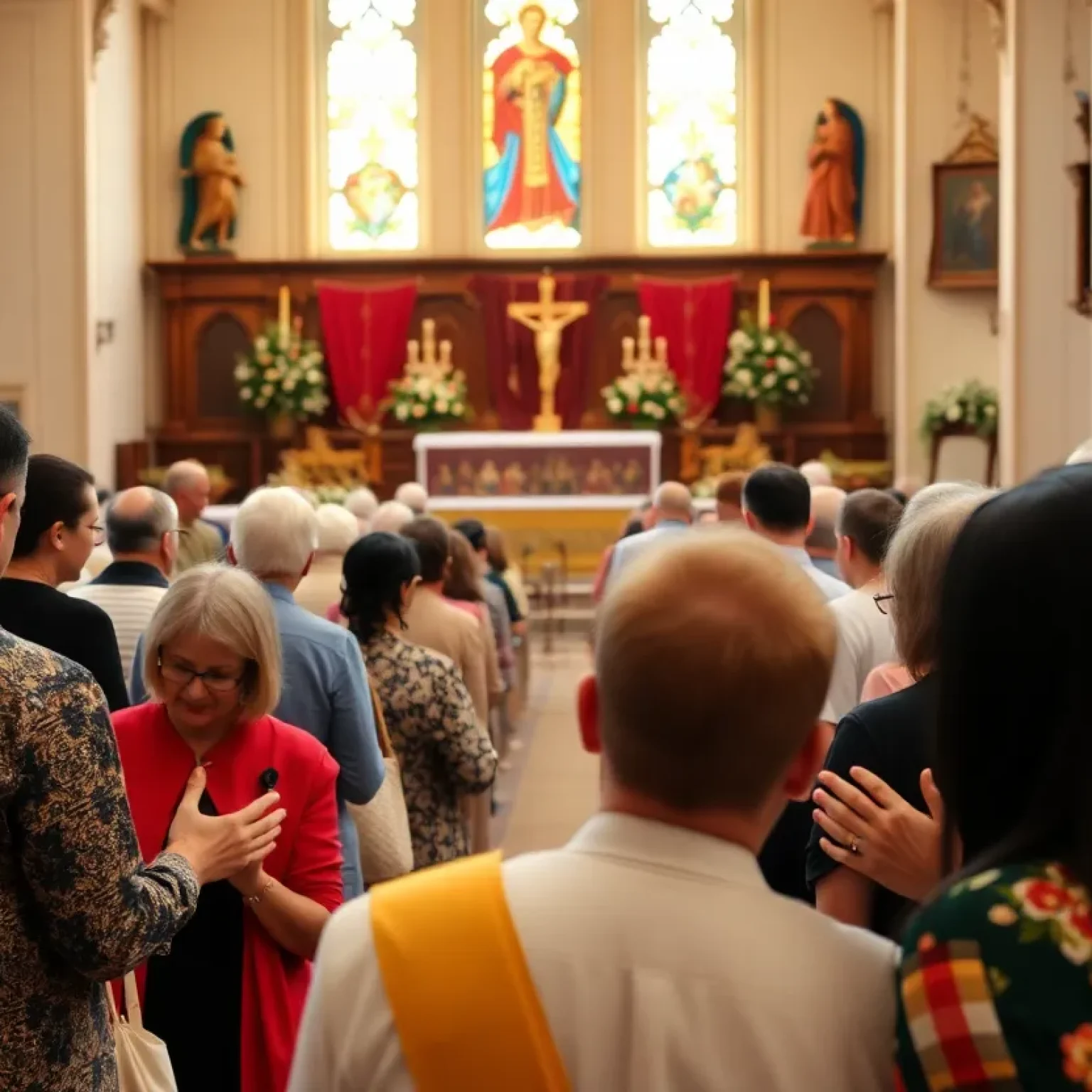 Community gathering celebrating the election of Pope Leo XIV at a church.