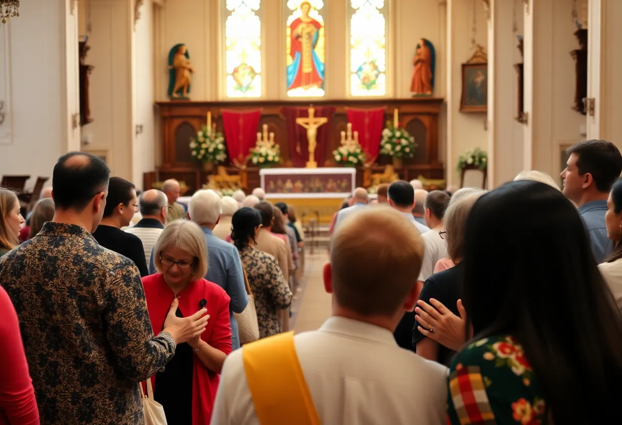 Community gathering celebrating the election of Pope Leo XIV at a church.