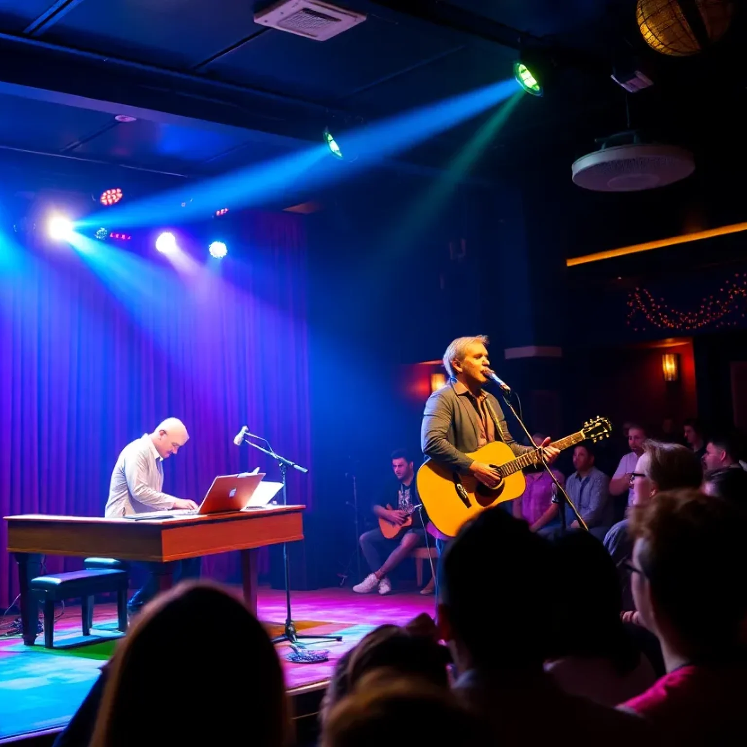 A lively cabaret performance in St. Petersburg with a singer, piano, and guitar.
