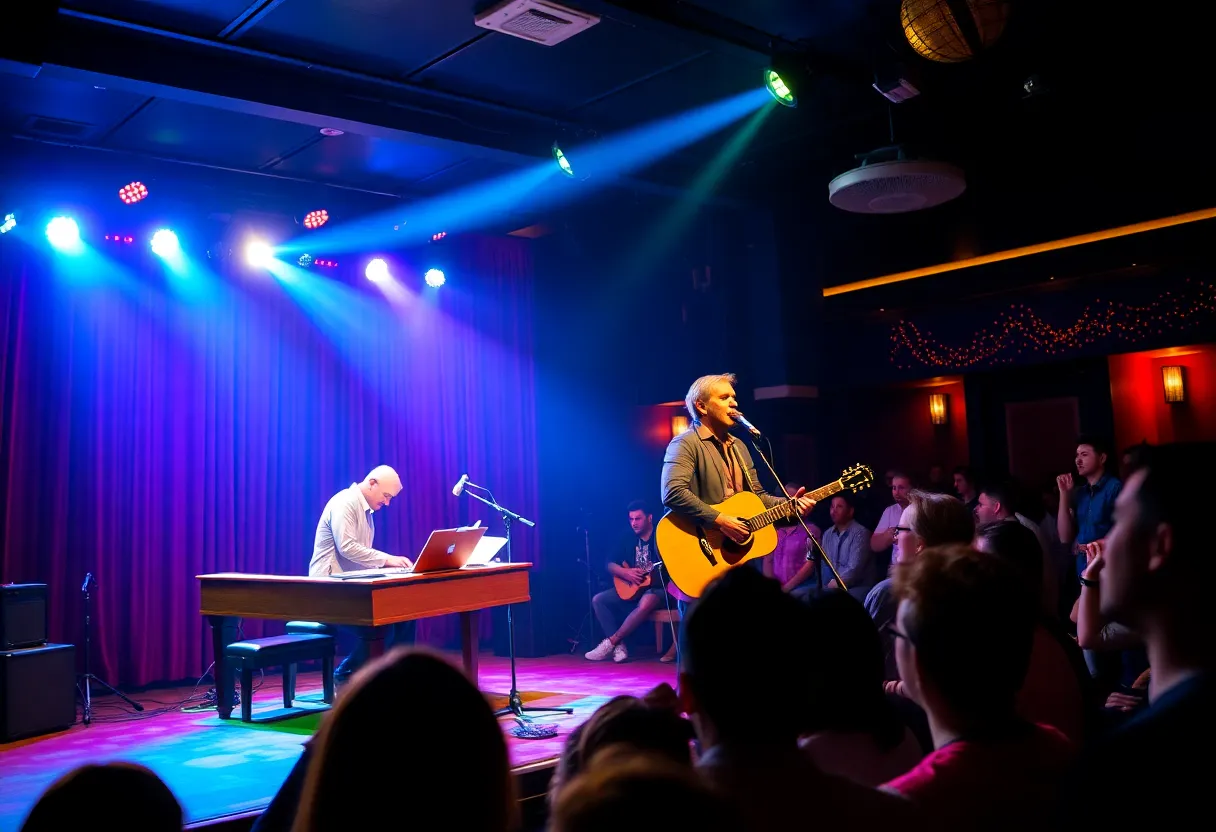 A lively cabaret performance in St. Petersburg with a singer, piano, and guitar.