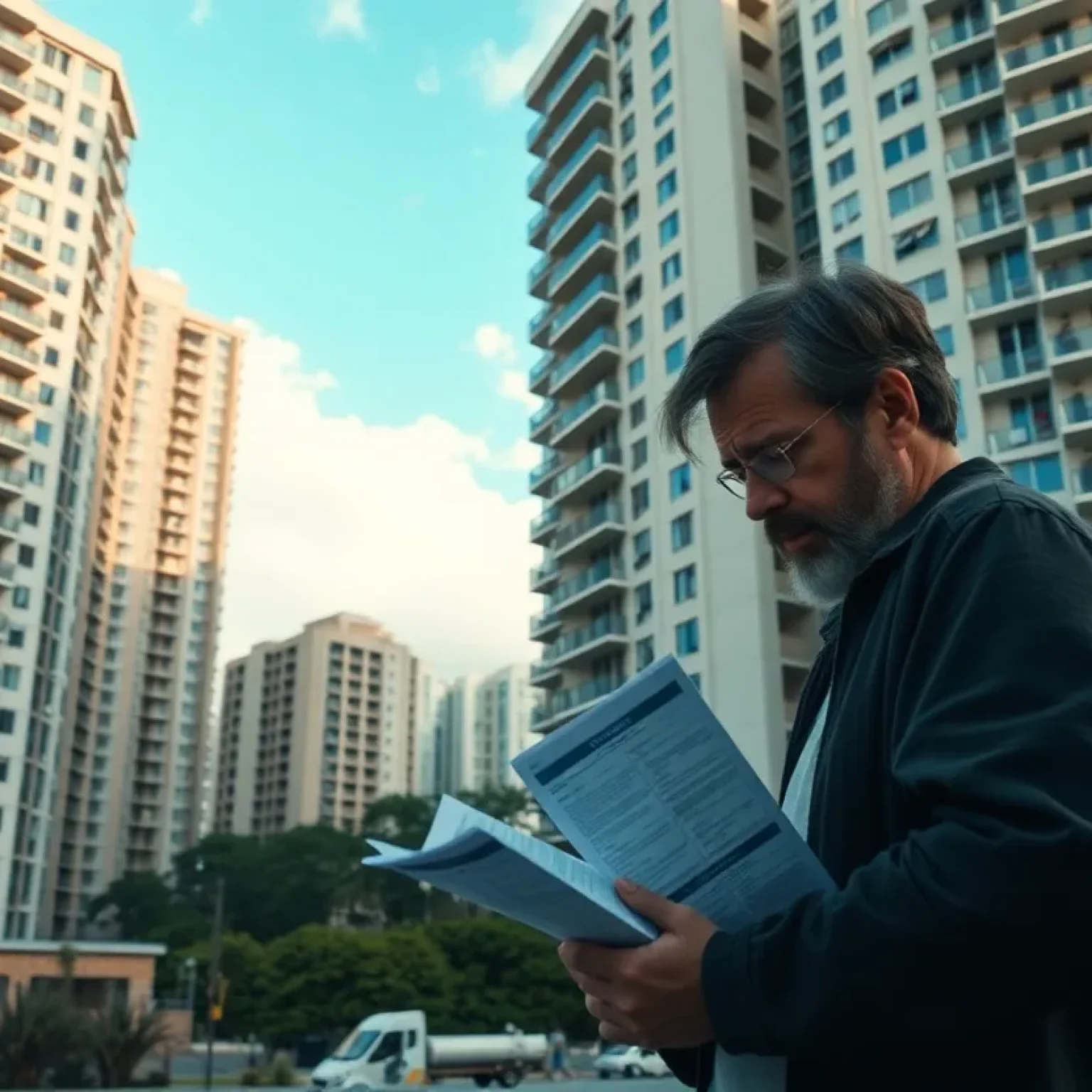 A distressed condo owner reviewing HOA fee notices in front of a condominium building