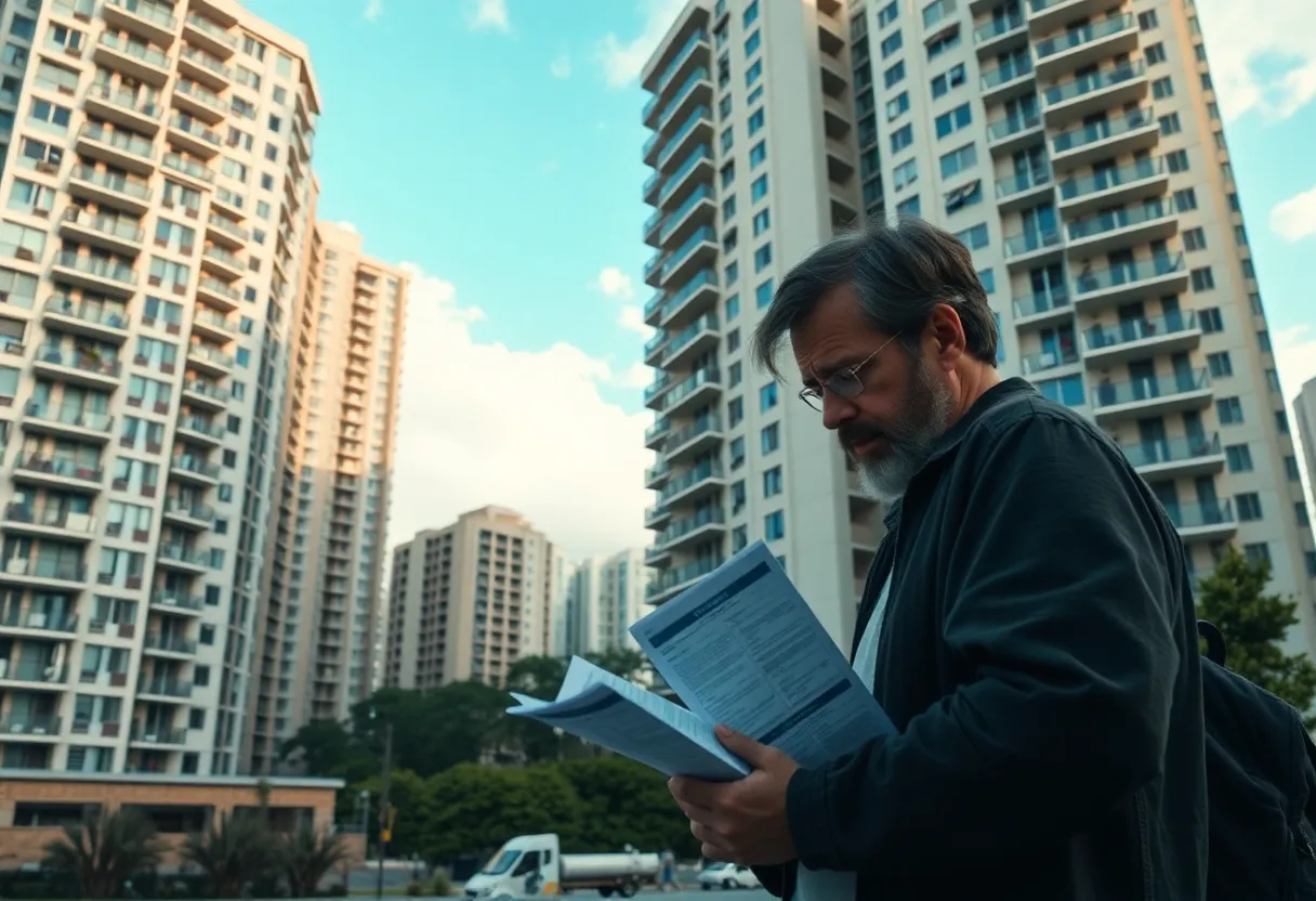 A distressed condo owner reviewing HOA fee notices in front of a condominium building