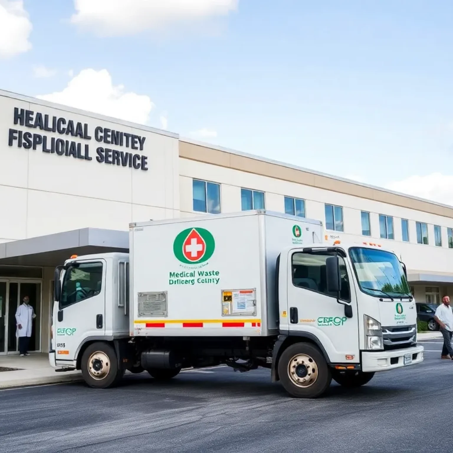 A SaniTrax medical waste disposal truck at a healthcare facility