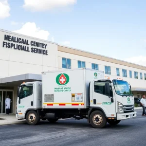 A SaniTrax medical waste disposal truck at a healthcare facility
