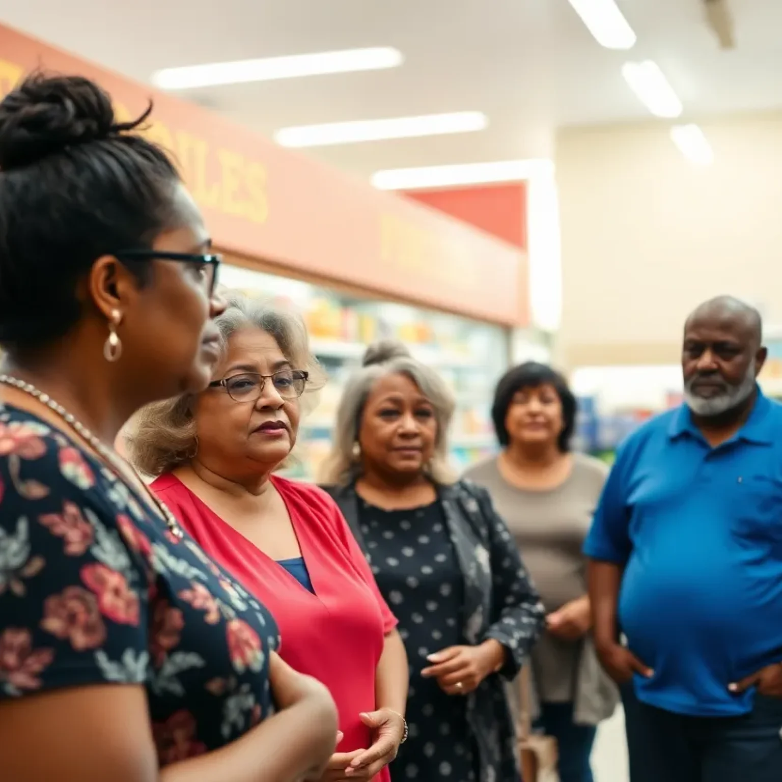 A group of Florida residents expressing concern over SNAP cuts at a grocery store.