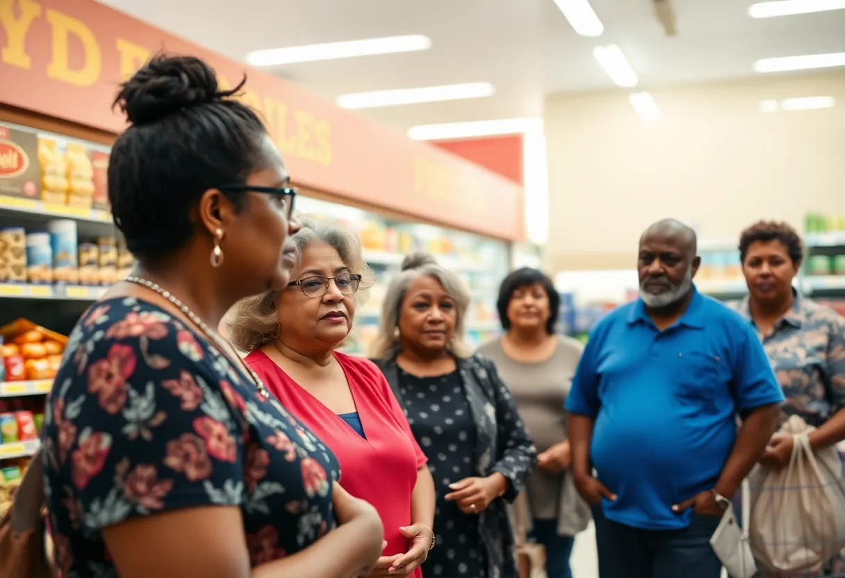 A group of Florida residents expressing concern over SNAP cuts at a grocery store.