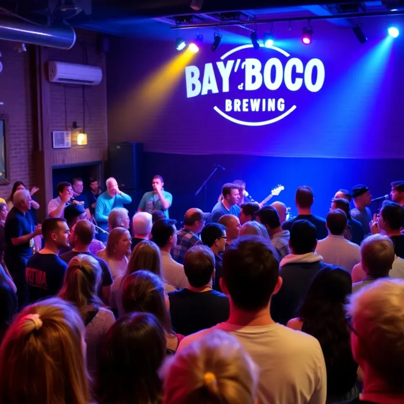 A bustling scene from St. Pete Indie Night at Bayboro Brewing with local bands performing and an enthusiastic audience.