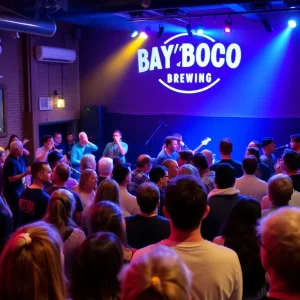 A bustling scene from St. Pete Indie Night at Bayboro Brewing with local bands performing and an enthusiastic audience.