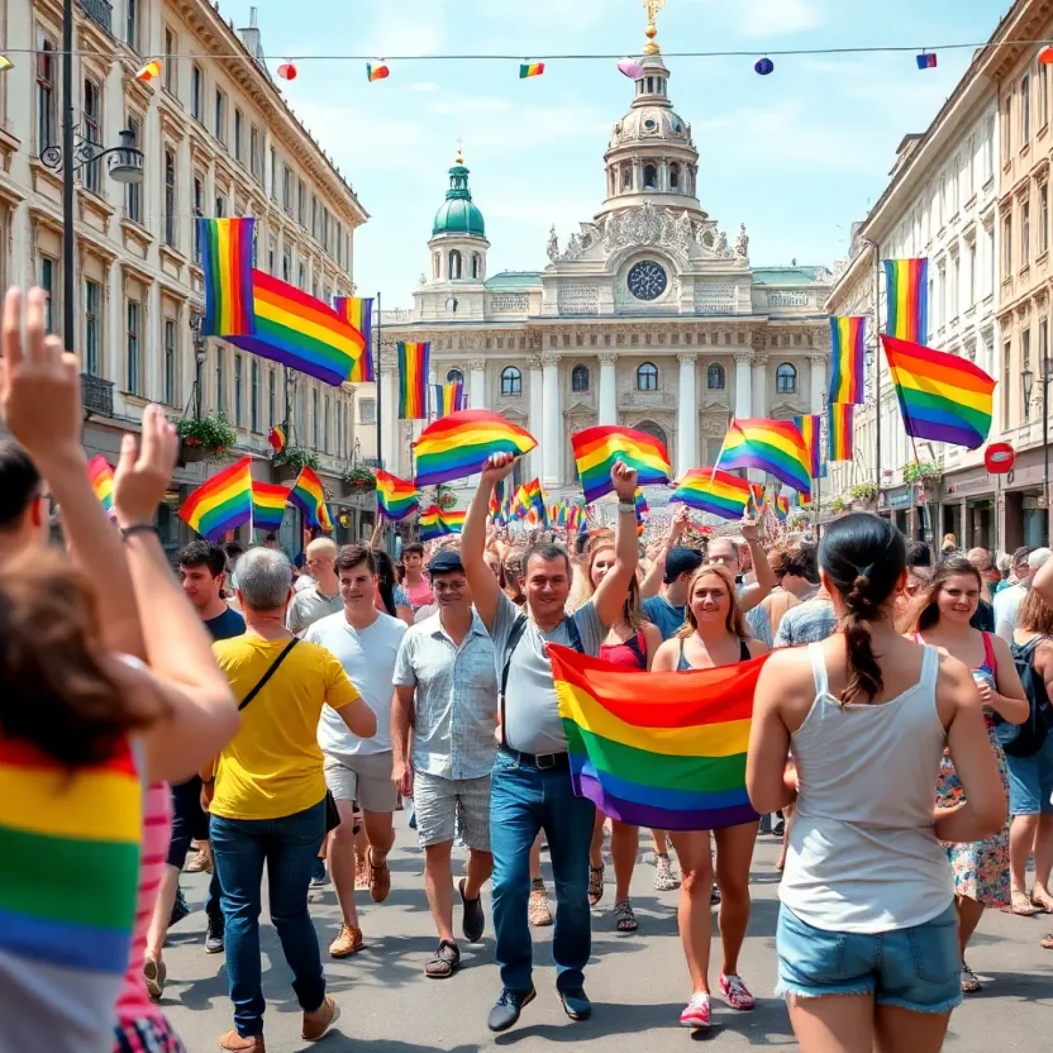 Crowd celebrating at St. Pete Pride with rainbow flags