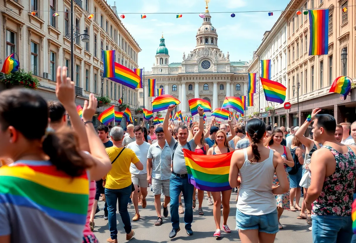 Crowd celebrating at St. Pete Pride with rainbow flags