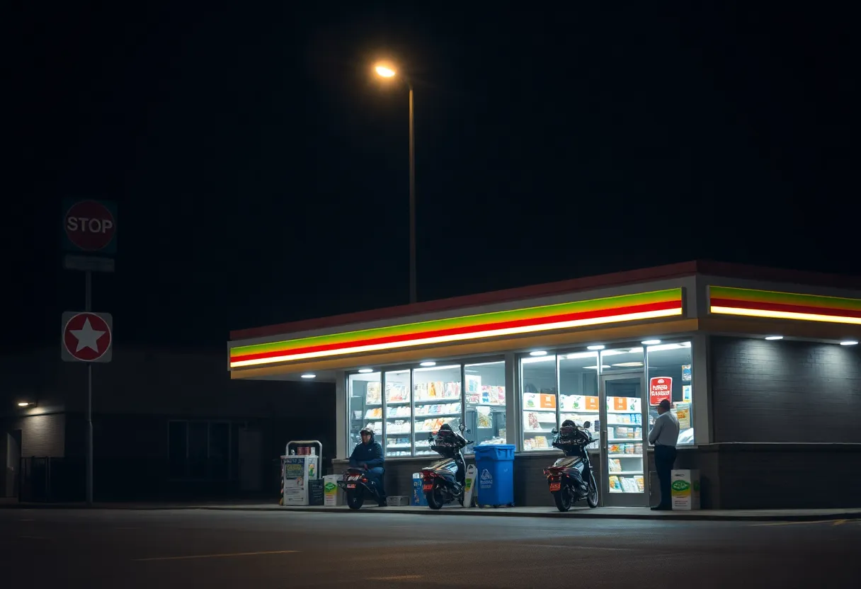Police lights at a convenience store indicating a crime scene.