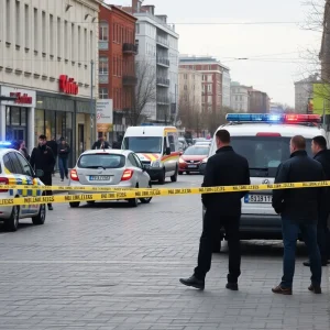 Crime scene in St. Petersburg with police tape and emergency vehicles