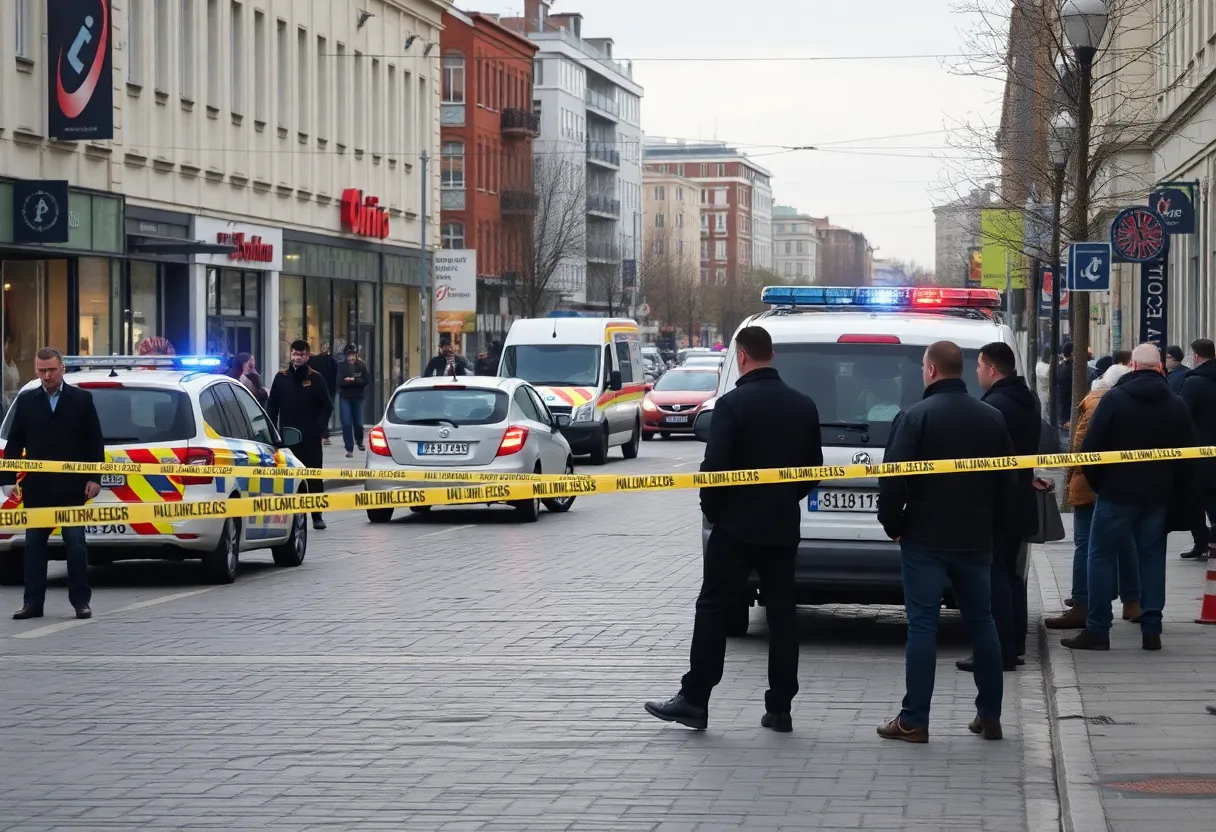 Crime scene in St. Petersburg with police tape and emergency vehicles