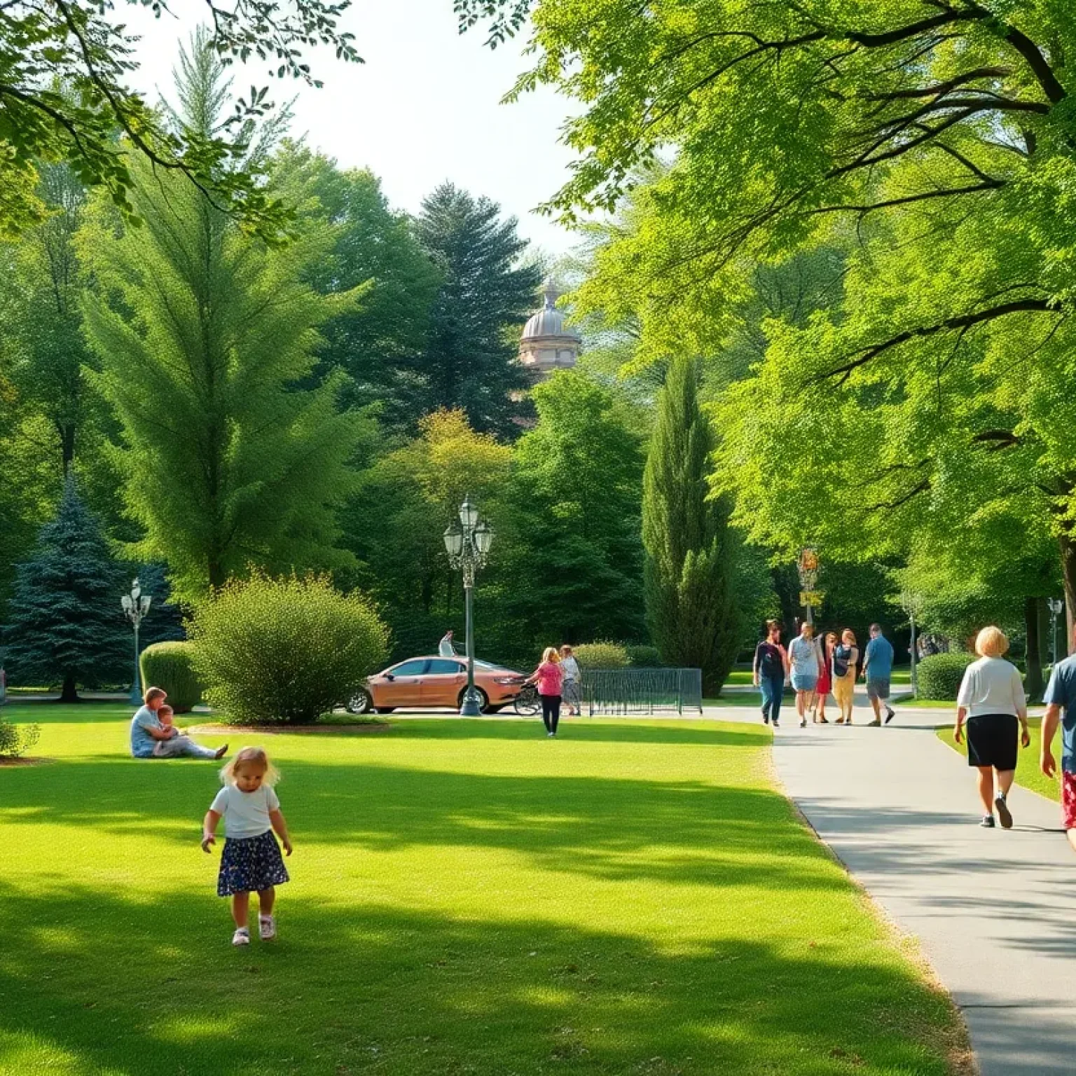 Families and individuals enjoying a sunny day in a St. Petersburg park with lush greenery.