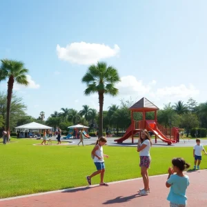 Families and individuals enjoying a sunny day in a St. Petersburg park with lush greenery.