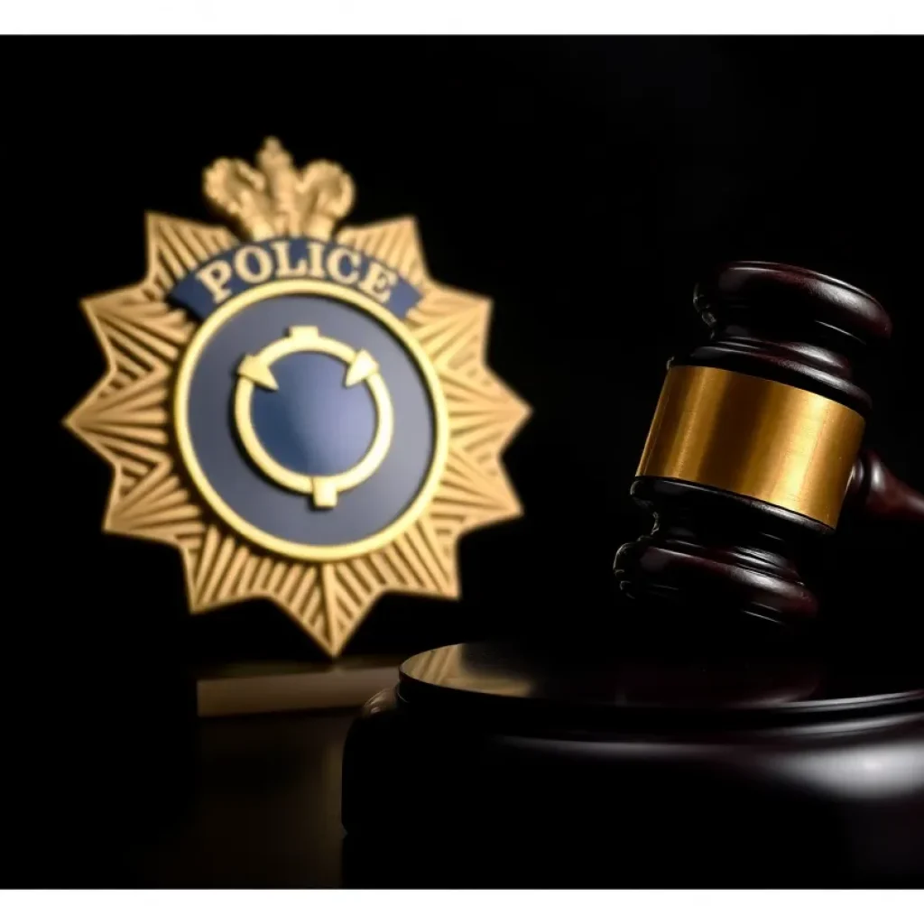 Police badge and gavel representing law enforcement integrity