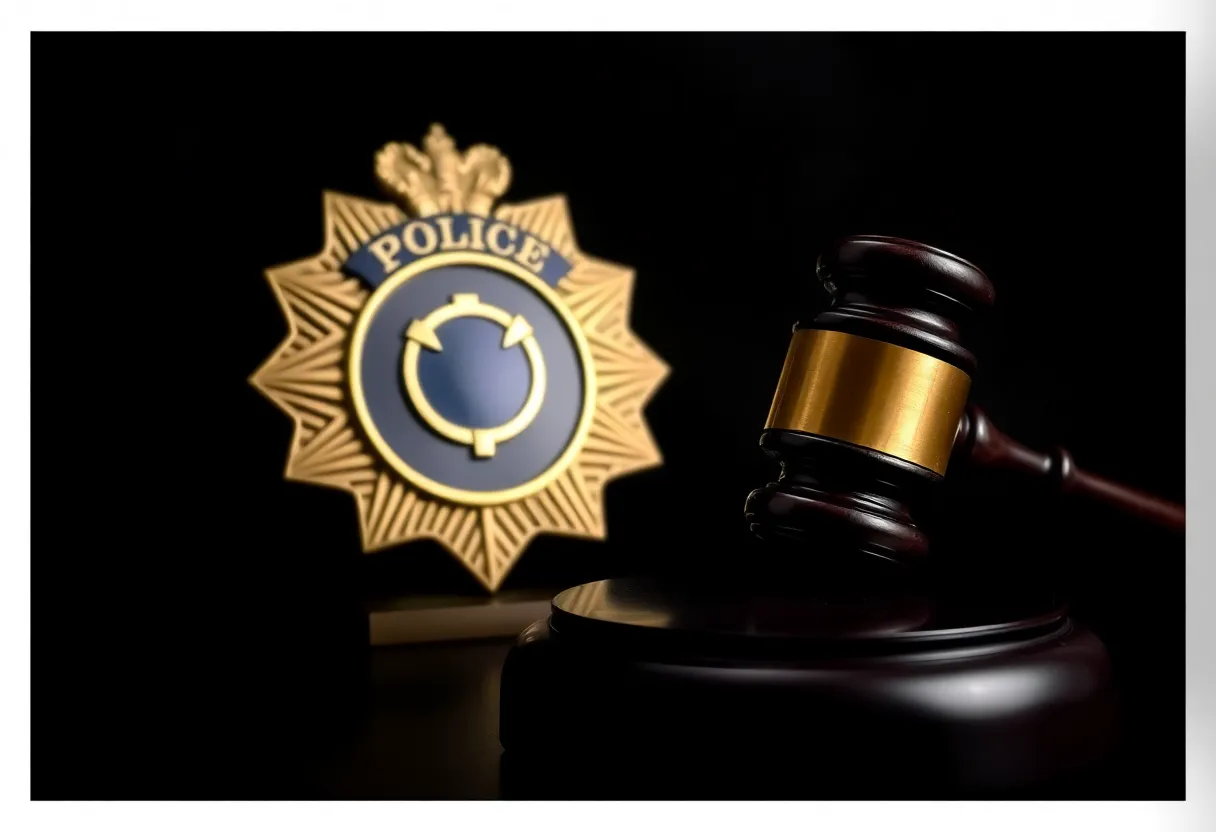 Police badge and gavel representing law enforcement integrity