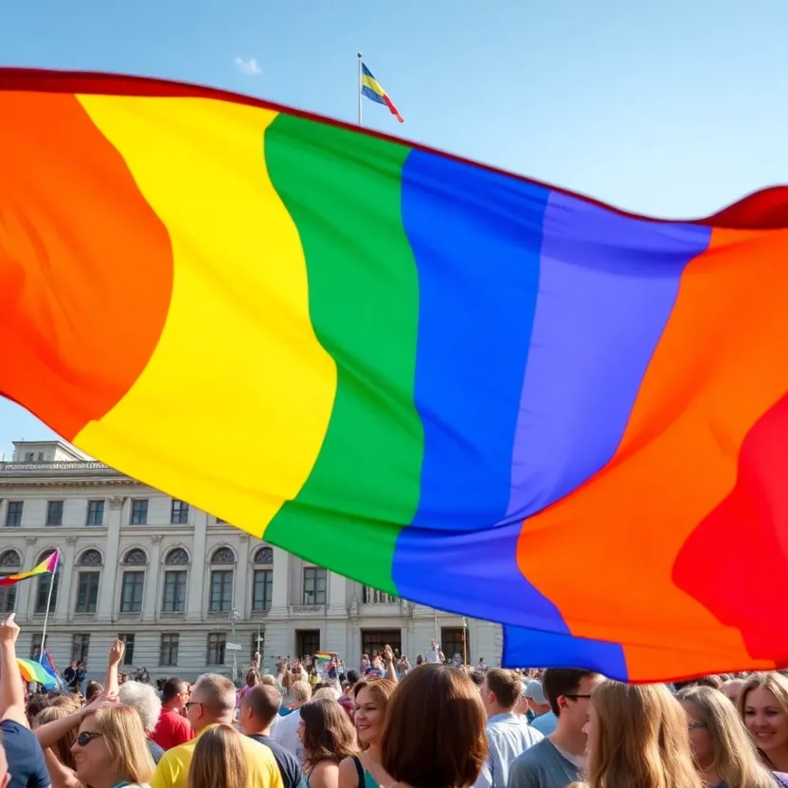 Pride flag raised at St. Petersburg City Hall with community members celebrating.