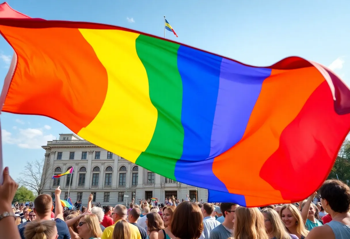 Pride flag raised at St. Petersburg City Hall with community members celebrating.