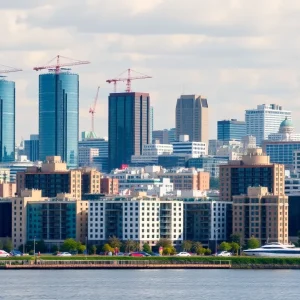 New construction in St. Petersburg, including a hotel and residential buildings