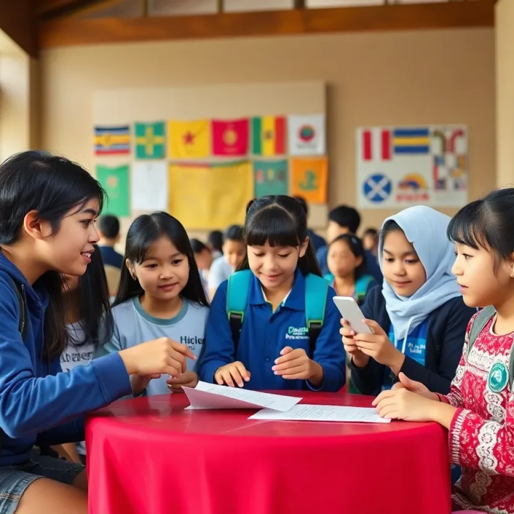 Students engaging in cultural exchange during a school program
