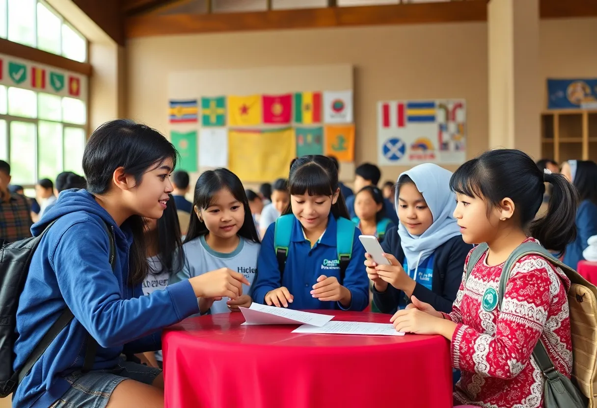 Students engaging in cultural exchange during a school program