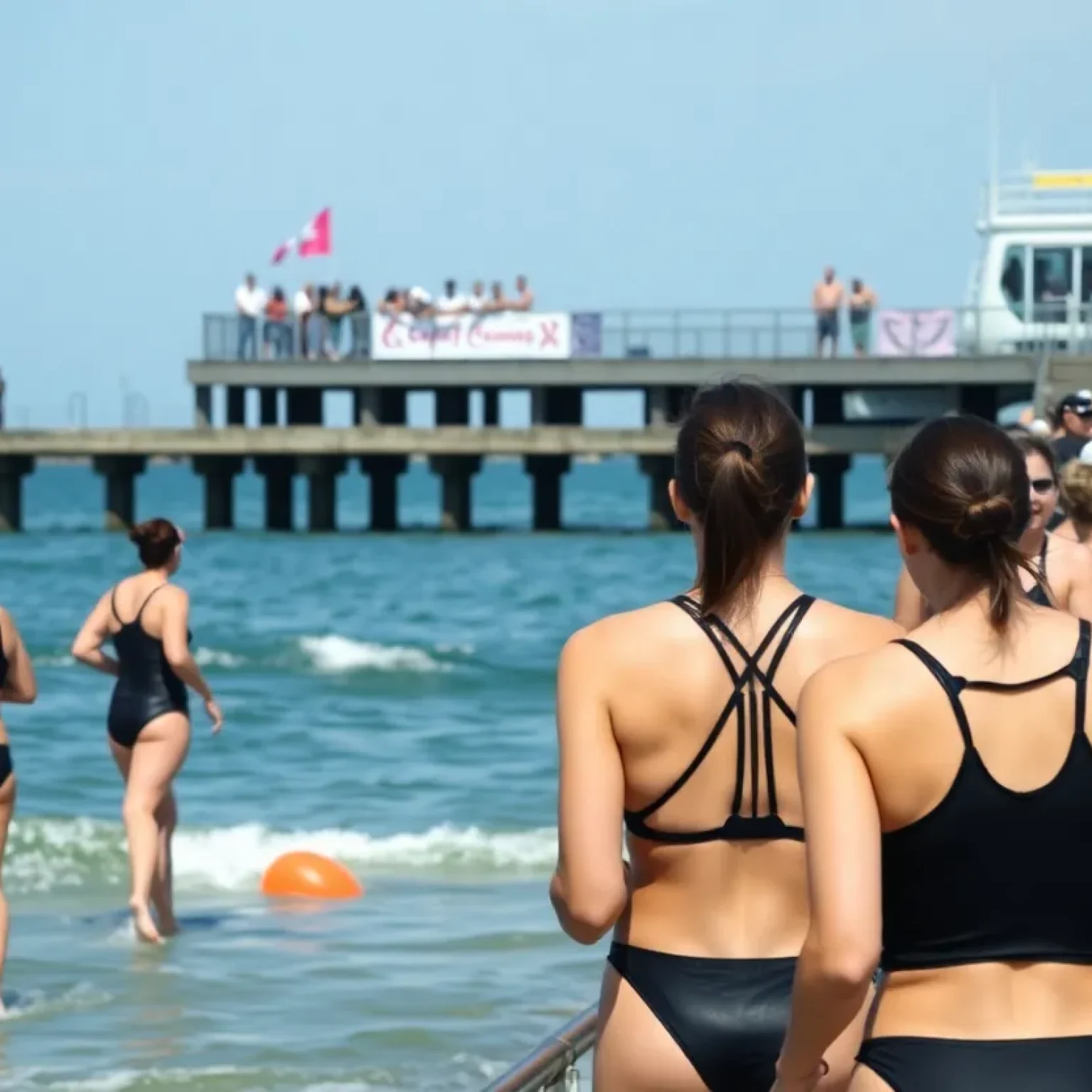 Participants preparing for Swim Across America at St. Pete Pier