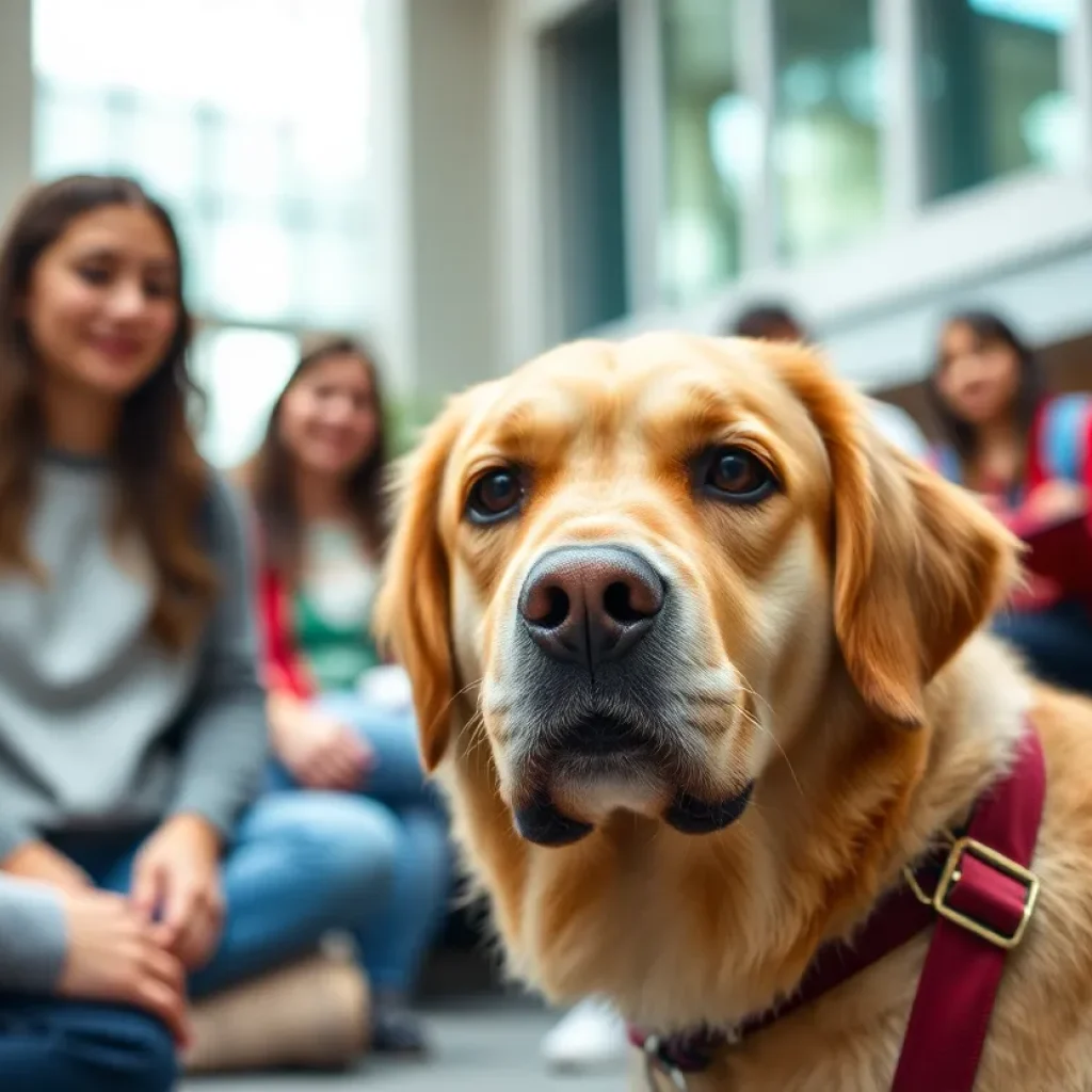 Therapy dog interacting with students on university campus