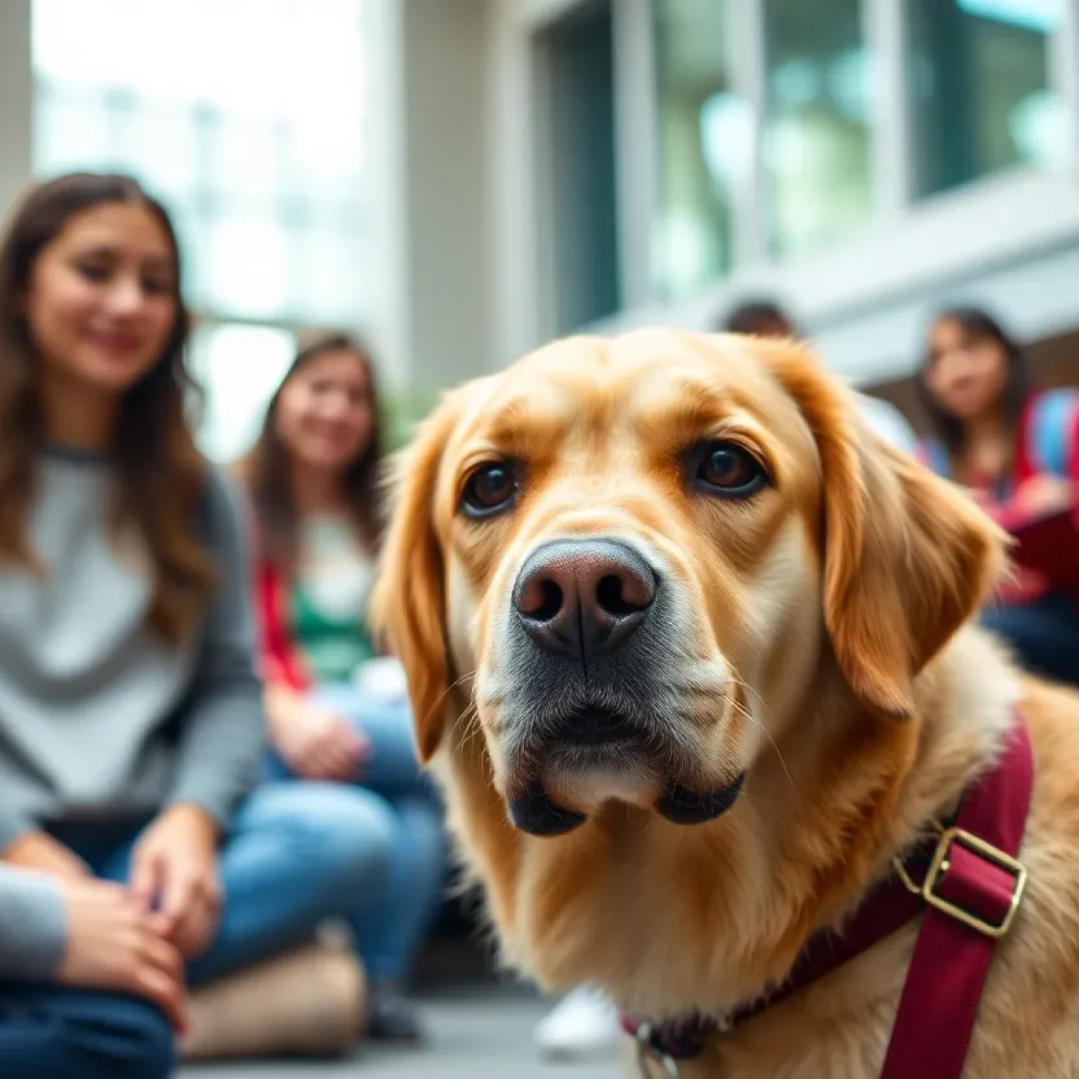 Therapy dog interacting with students on university campus