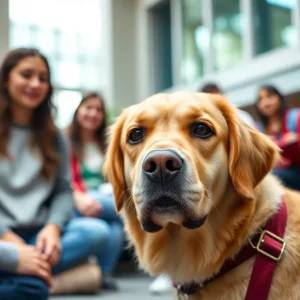 Therapy dog interacting with students on university campus