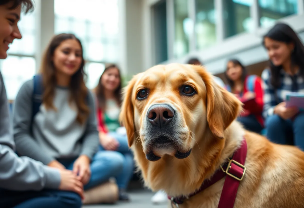 Therapy dog interacting with students on university campus