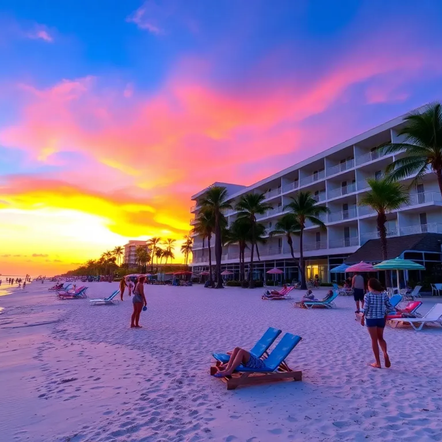 A beautiful sunset view of TradeWinds Resort in St. Pete Beach, Florida.