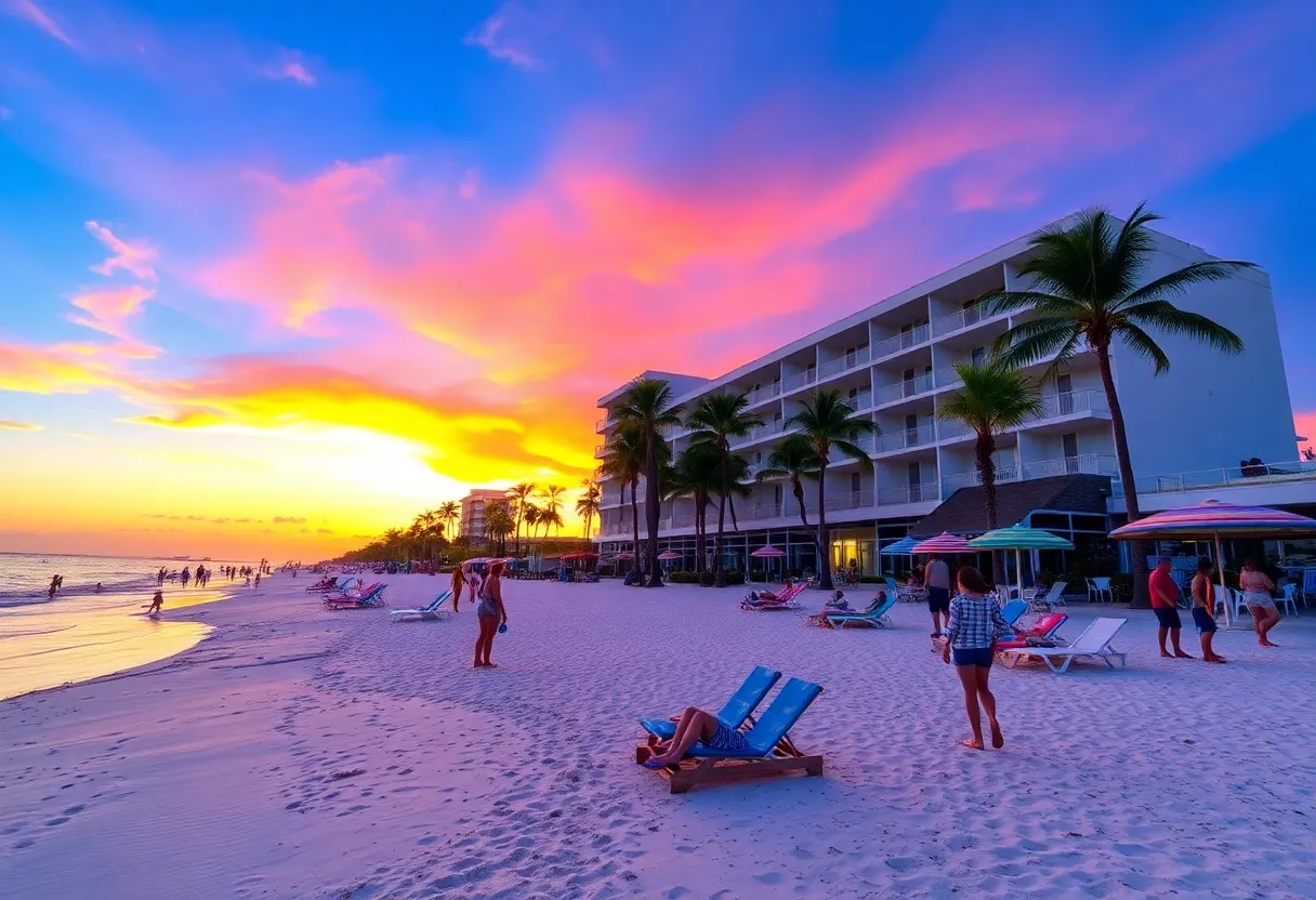 A beautiful sunset view of TradeWinds Resort in St. Pete Beach, Florida.