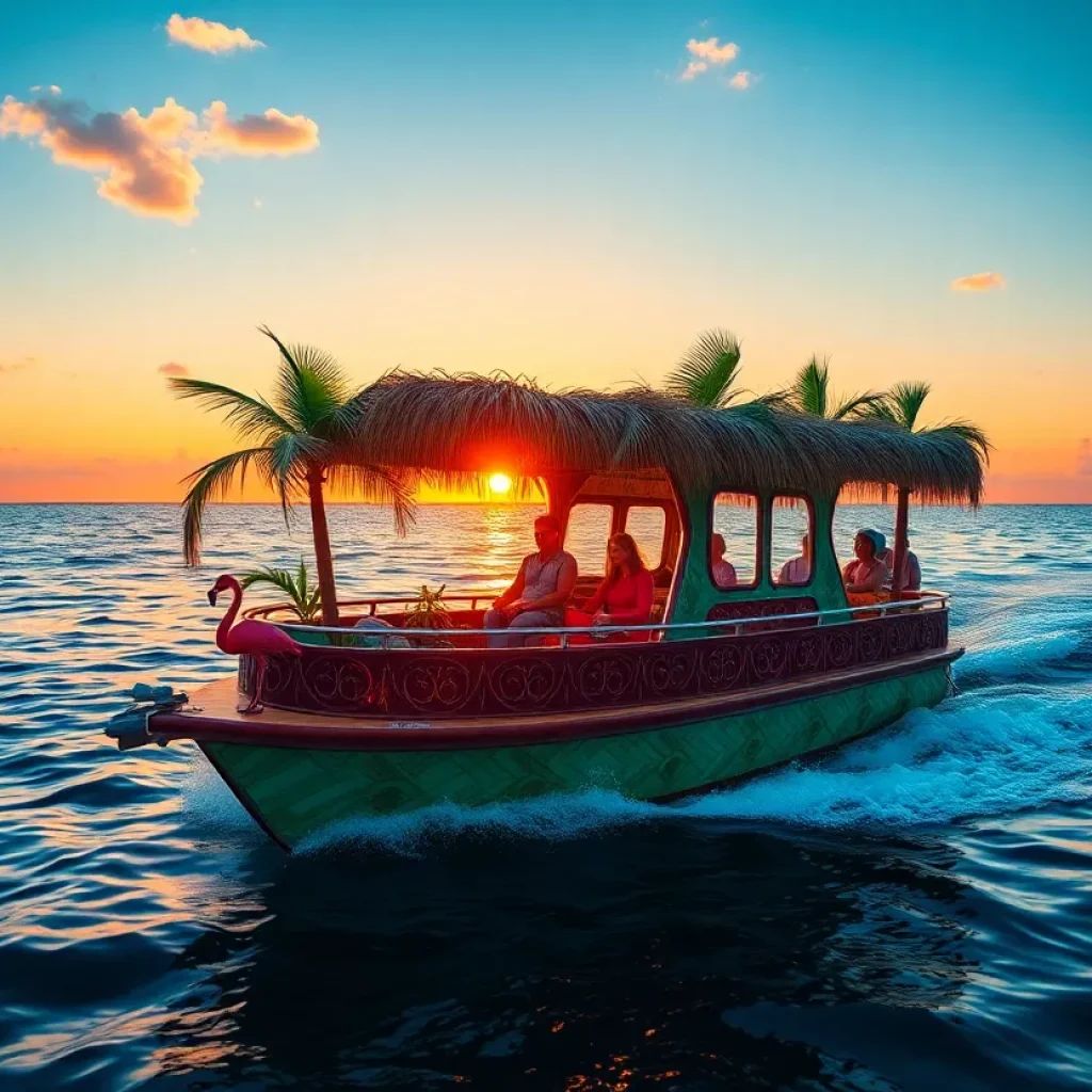 Tropical tiki boat sailing at sunset in Gulf of Mexico
