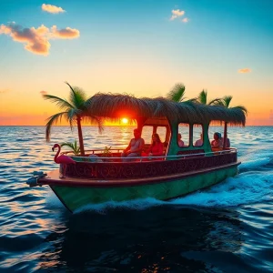 Tropical tiki boat sailing at sunset in Gulf of Mexico