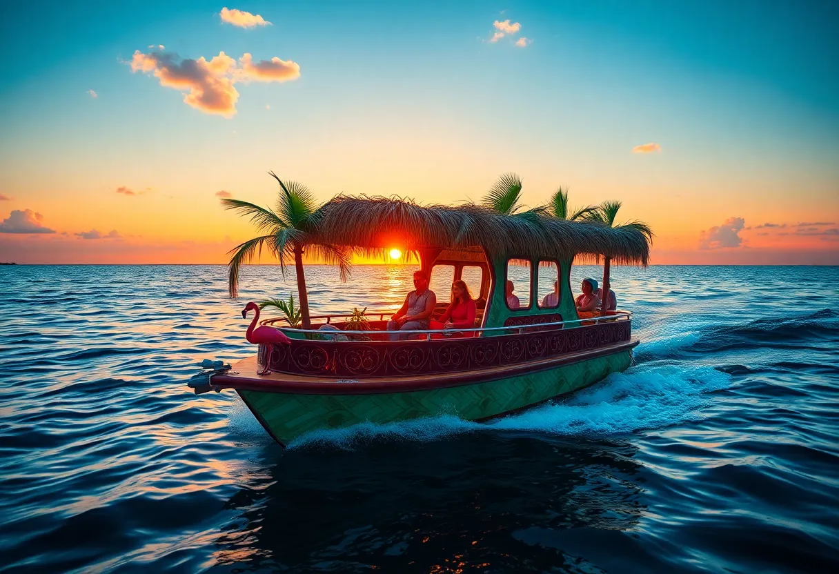 Tropical tiki boat sailing at sunset in Gulf of Mexico