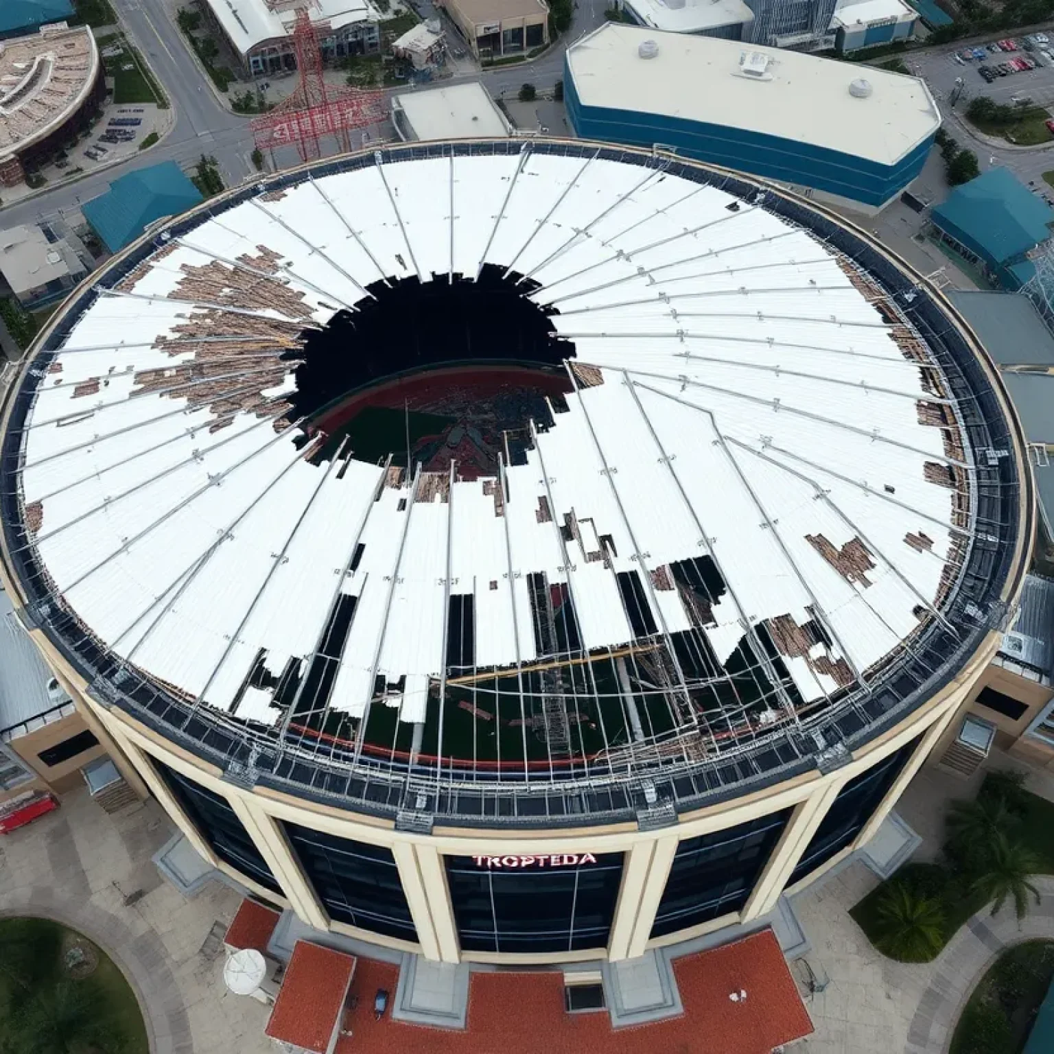 Damaged Tropicana Field in St. Petersburg undergoing repairs