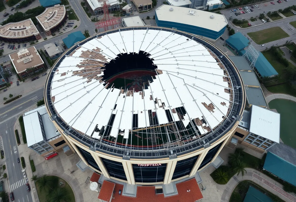 Damaged Tropicana Field in St. Petersburg undergoing repairs