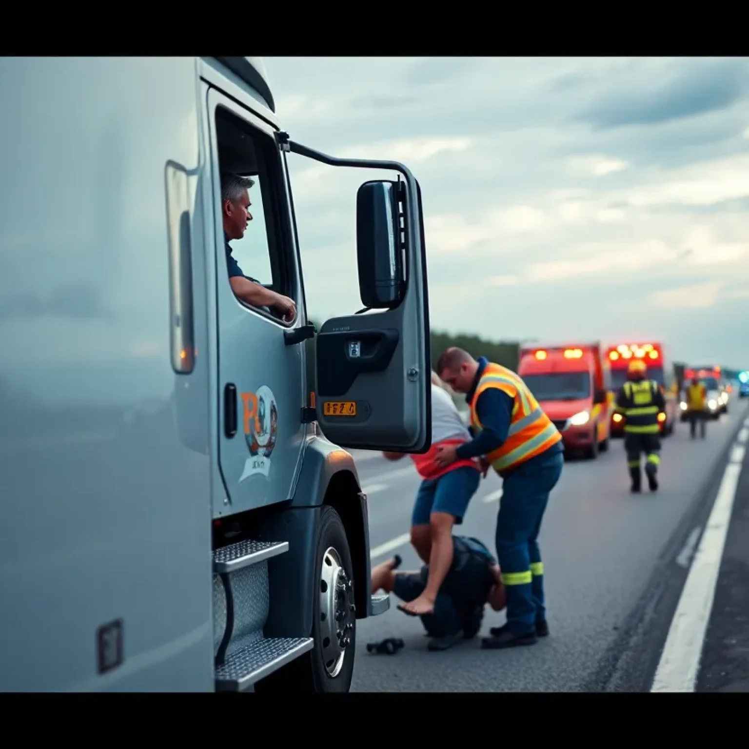 Truck driver providing assistance at an accident scene