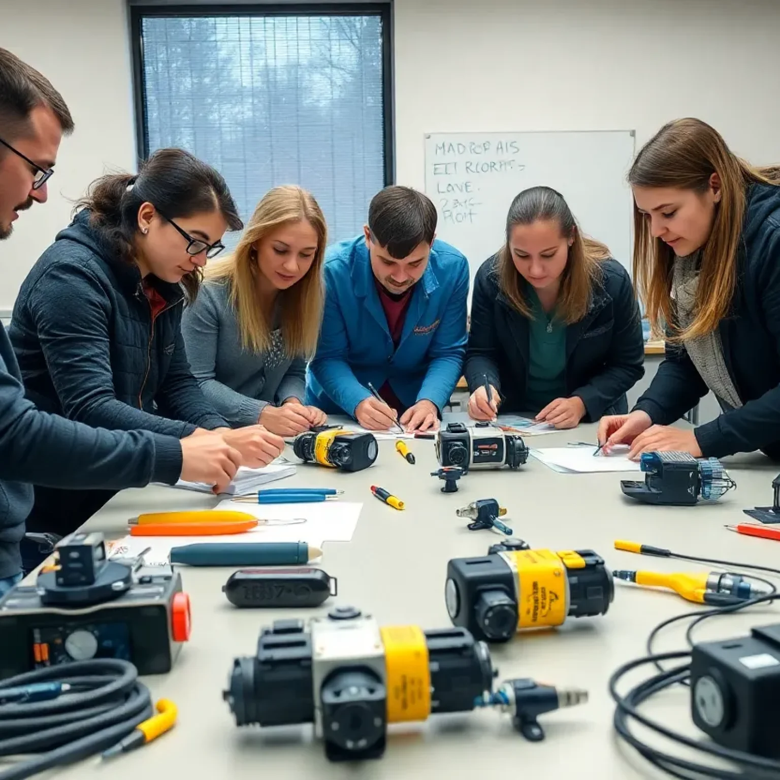 Educators collaborating on underwater robotics designs in a workshop.