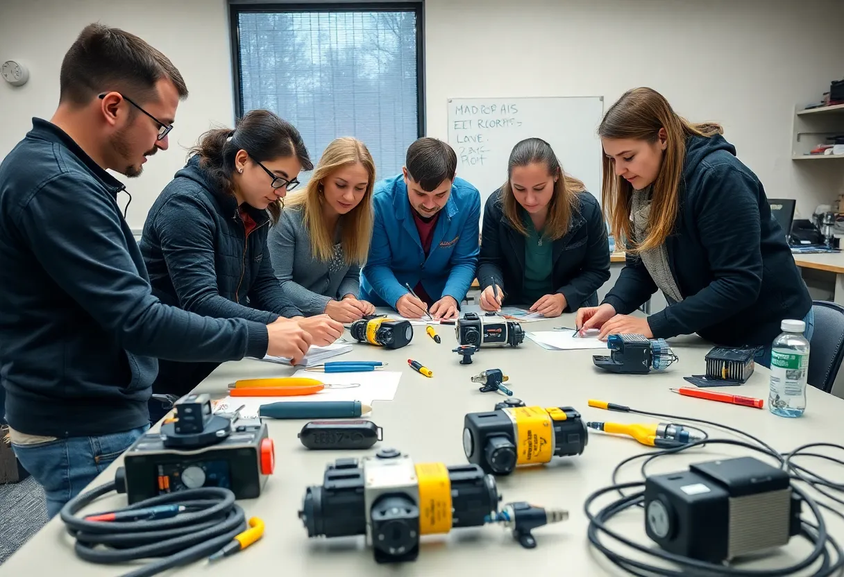 Educators collaborating on underwater robotics designs in a workshop.