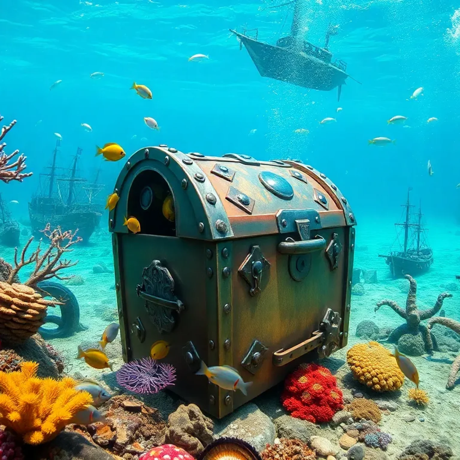 Underwater sculpture of a metal treasure chest by artist Donald Gialanella