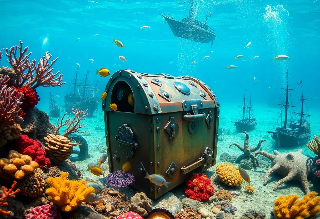 Underwater sculpture of a metal treasure chest by artist Donald Gialanella