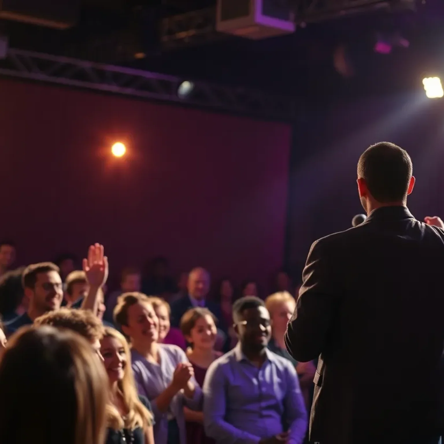 Audience enjoying a comedy show with stage lights