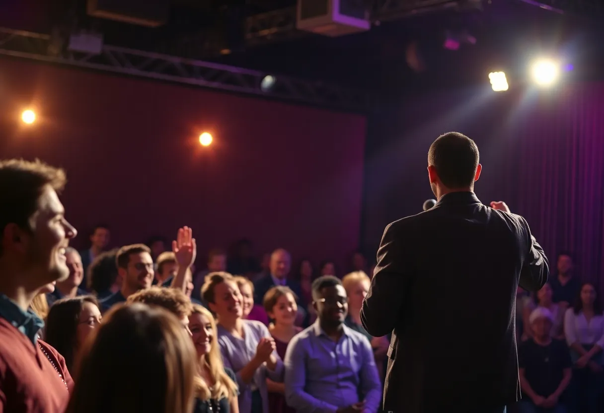 Audience enjoying a comedy show with stage lights