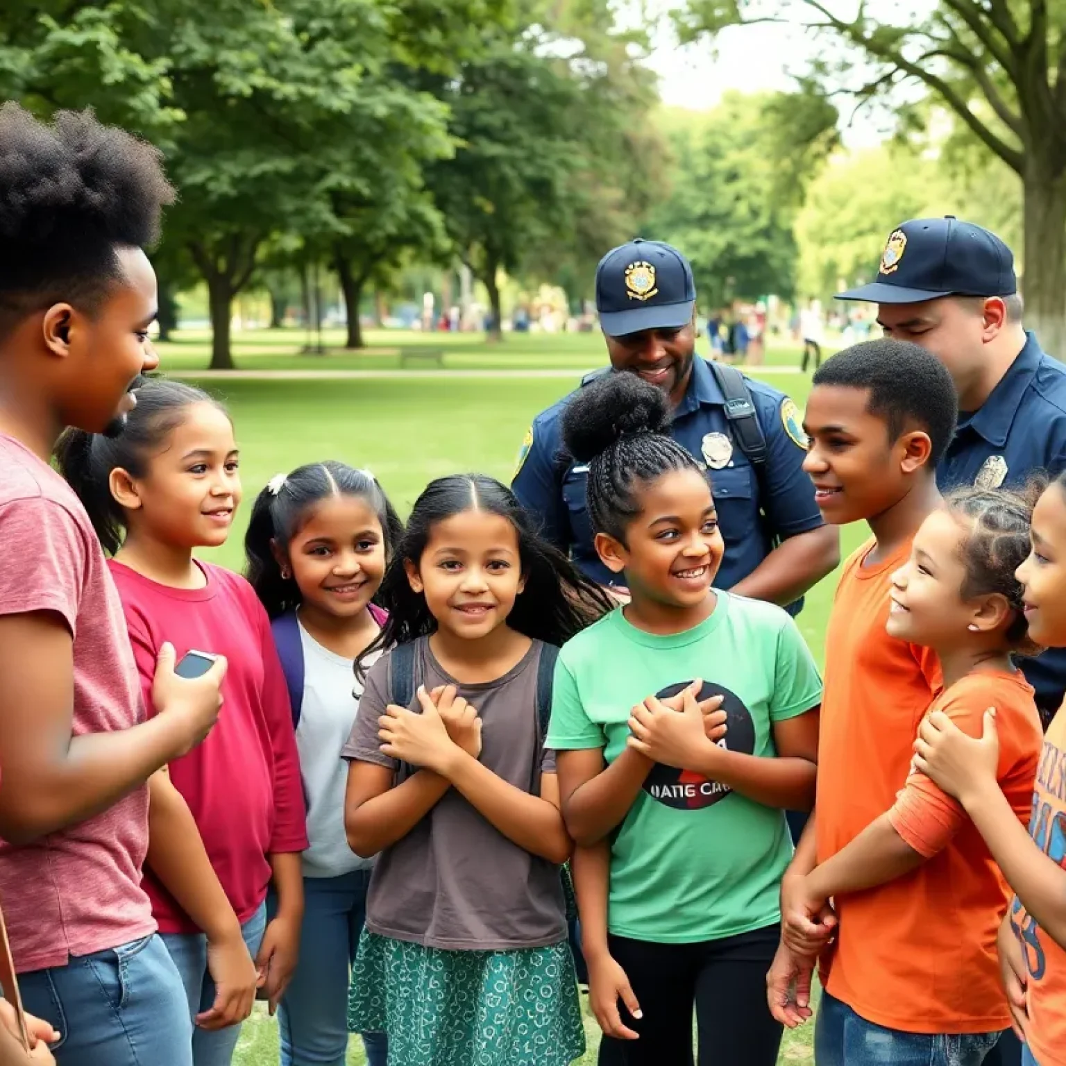 Participants of the Youth Champions program engaging in activities with police officers in a park.
