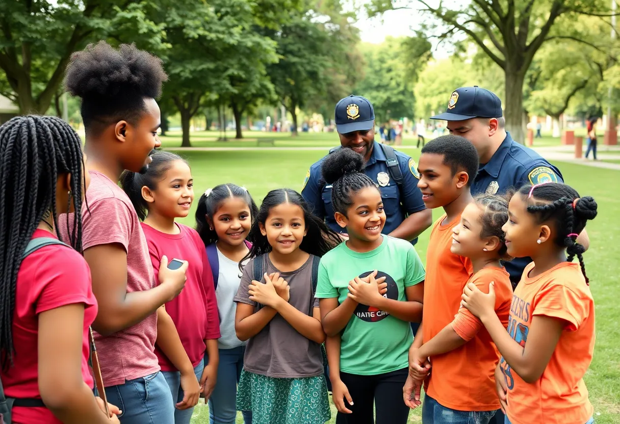 Participants of the Youth Champions program engaging in activities with police officers in a park.