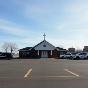 Church parking lot with vehicles and signage.
