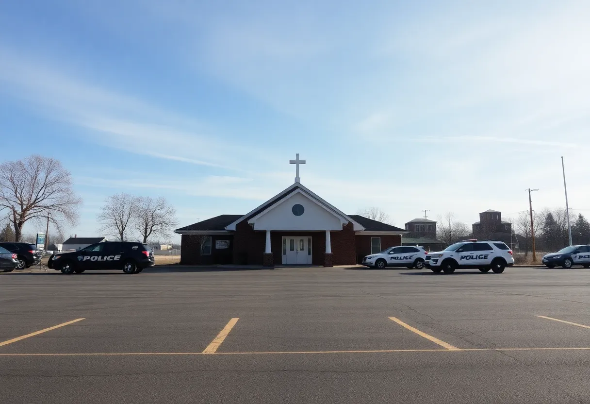 Church parking lot with vehicles and signage.