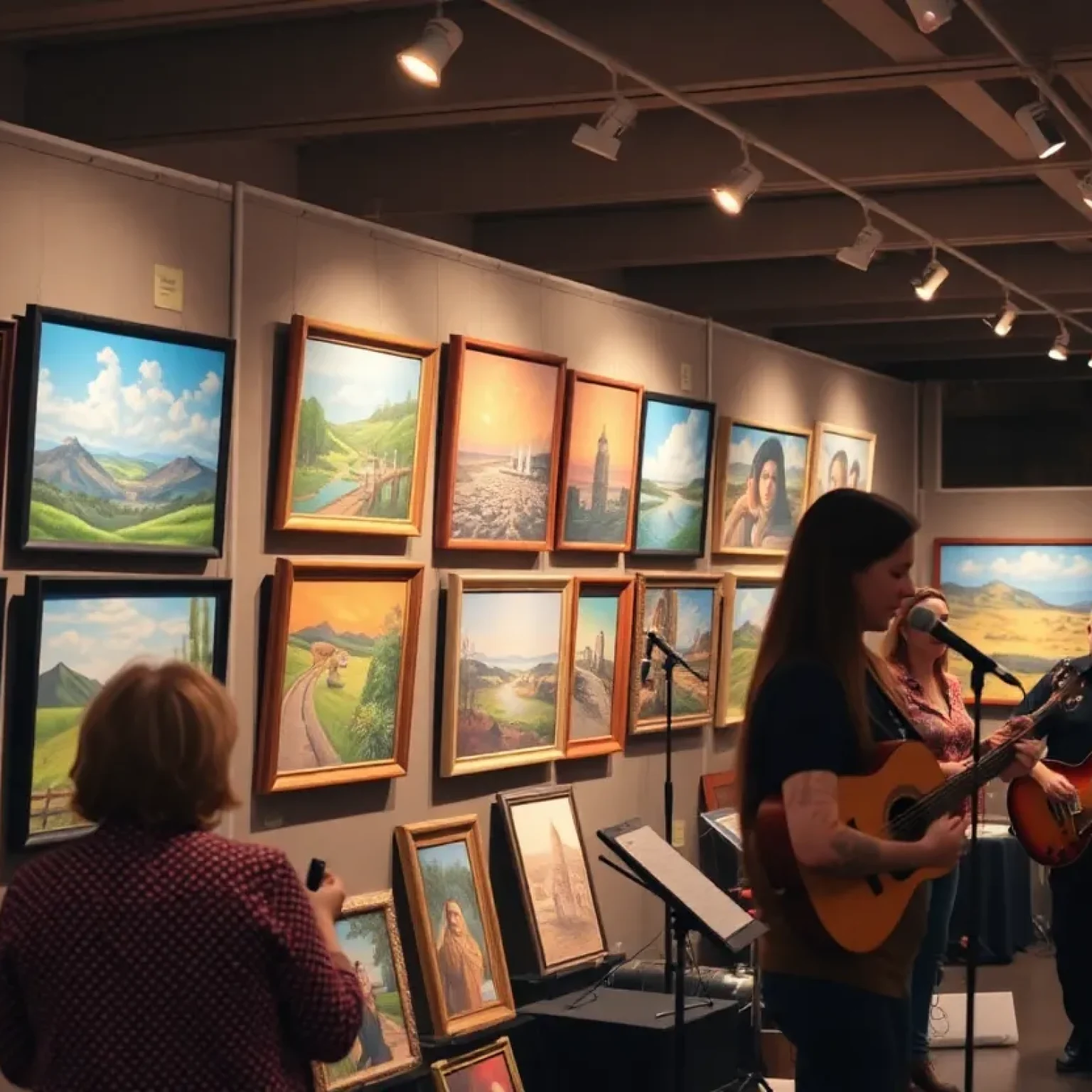 Art exhibit featuring various artworks and live music